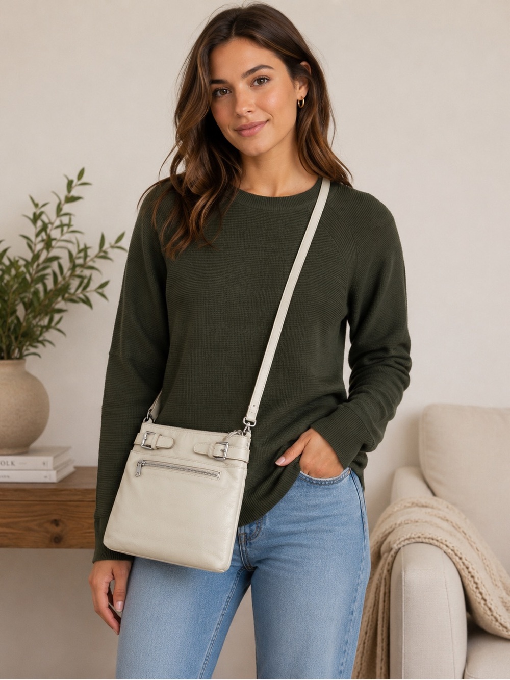 Danier Cream Crossbody Shoulder Bag with Front Zip Pocket & 2 buckles